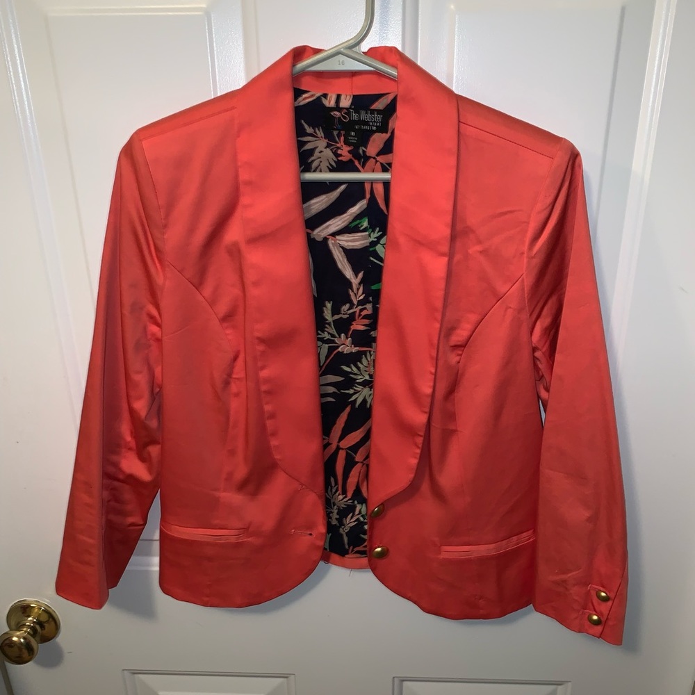 Coral blazer with fun tropical print inside (size 8)
